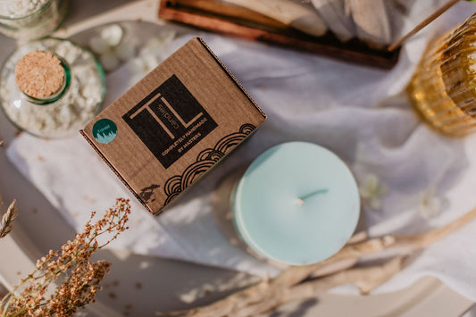 Top View Mint green forest scented soy wax candle handmade by TL Candles