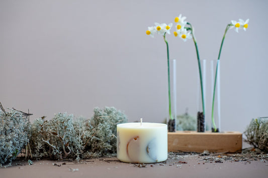 Soft vanilla soy wax detail and elegant TL Candles branding