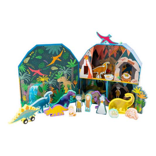 Unboxing Floss and Rock Playbox with Wooden Pieces - Dinosaur, sustainable wooden toy set with a portable carry case that doubles as a play scene.