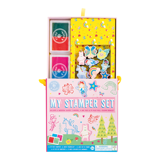 Internal view Floss and Rock My Stampler Set - Rainbow Fairy, creative arts and crafts kit for kids including themed stamps, ink pads, and stationery.