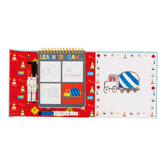 Internal view Floss and Rock Drawing Kit - Construction Site, creative arts and crafts kit for kids including themed stamps, ink pads, and stationery.
