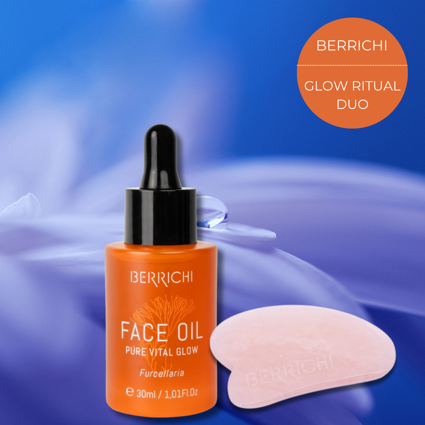 BERRICHI Gua Sha Glow Ritual Duo: Pure Vital Glow Face Oil with a hand-carved Rose Quartz Gua Sha stone. Professional facial massage and radiance ritual