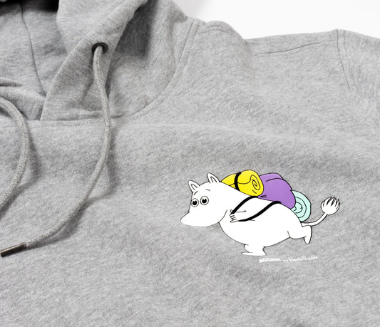 Close-up of Moomintroll character illustration print on grey cotton hoodie fabric