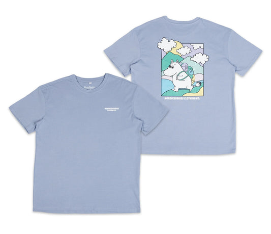 Front and Back view of the Moomintroll's Adventure Unisex T-Shirt Blue - Premium 100% cotton tee included in the Moomin Outdoor Gift Set.