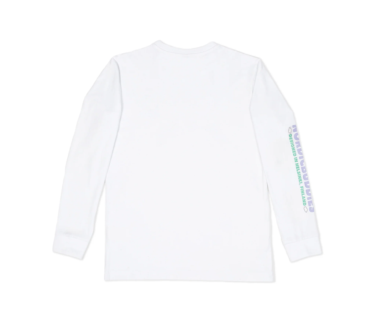 Back view of the white Moomintroll's Adventure unisex longsleeve shirt with cuffrib on a clean background