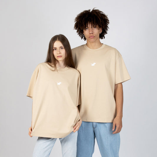Front view of Moomin Classics Heavy T-Shirt Beige - Minimalist Moomin tee by Nordicbuddies wearing by models