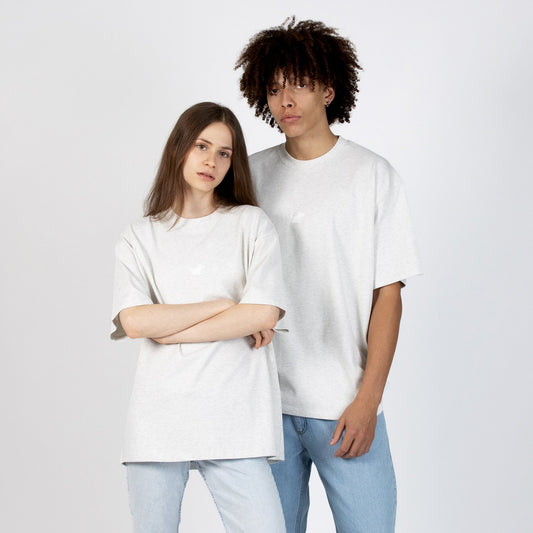 Male and Female models wearing the oversized Moomin Classics Heavy T-Shirt Melange Grey.