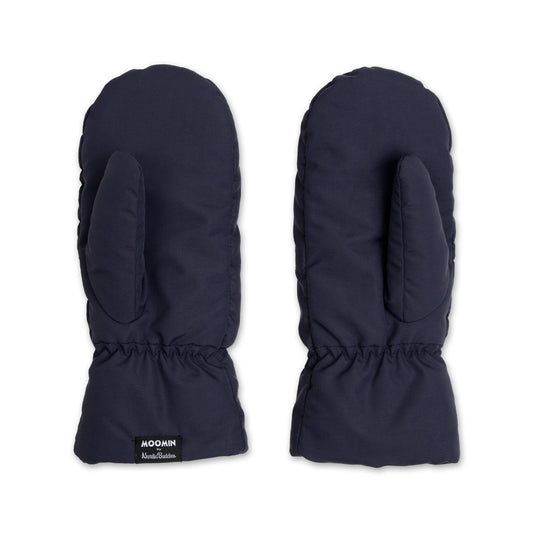Under view of the navy blue adult puffer mittens featuring Moominpappa artwork by Nordicbuddies