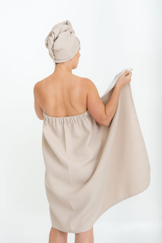 Beige Women's Organic Cotton Waffle Spa Wrap Towel - Back View | NUSS