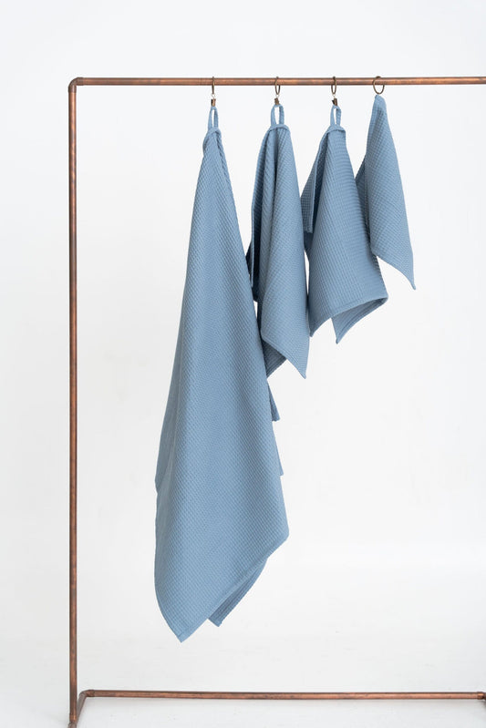 Organic Waffle Cotton Towel Set of 4 in Blue - Full Hanging Display | NUSS