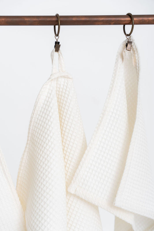 Cream Organic Waffle Cotton Towel Hanging - Texture Detail View | NUSS