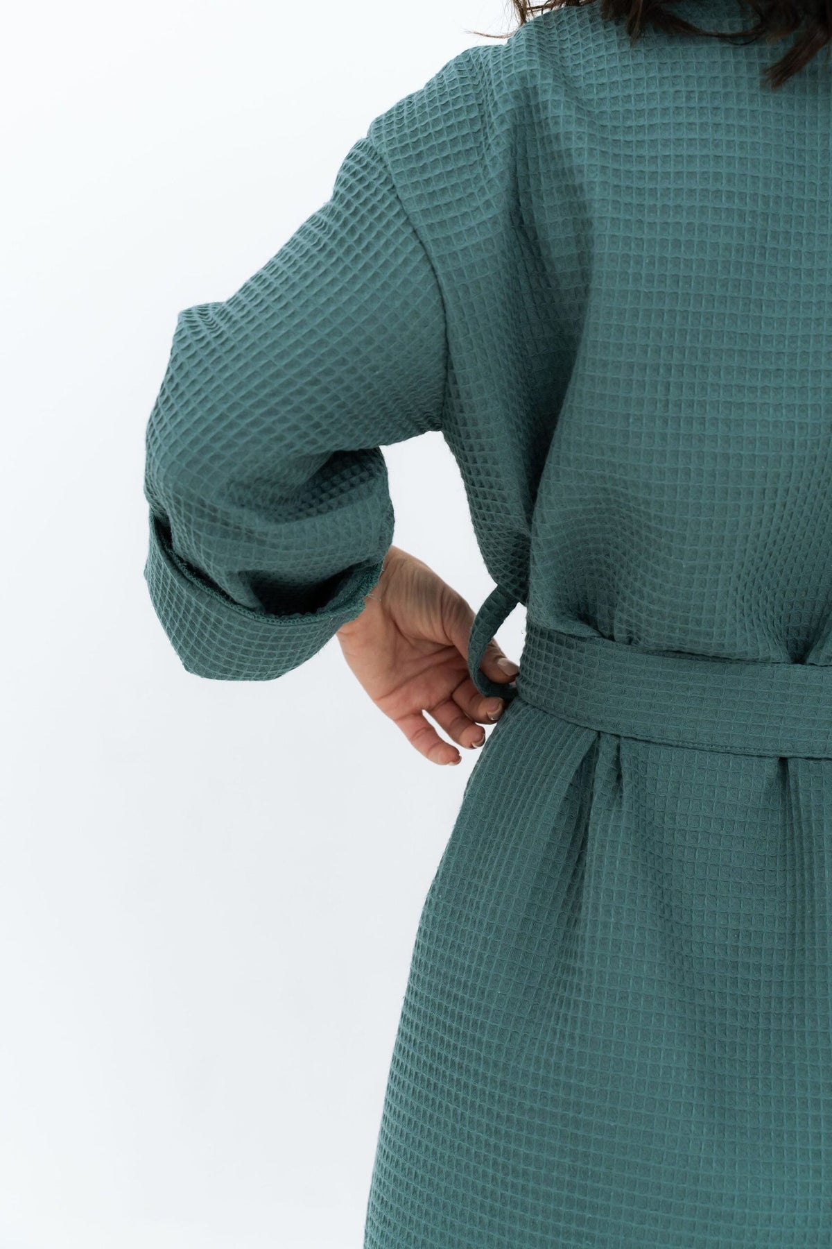 Women's Organic Cotton Waffle Fabric Robe in Petrol Blue - Close up of Back View | NUSS