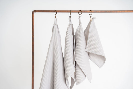 Light Gray Organic Waffle Cotton Towel Set Hanging - Medium View | NUSS
