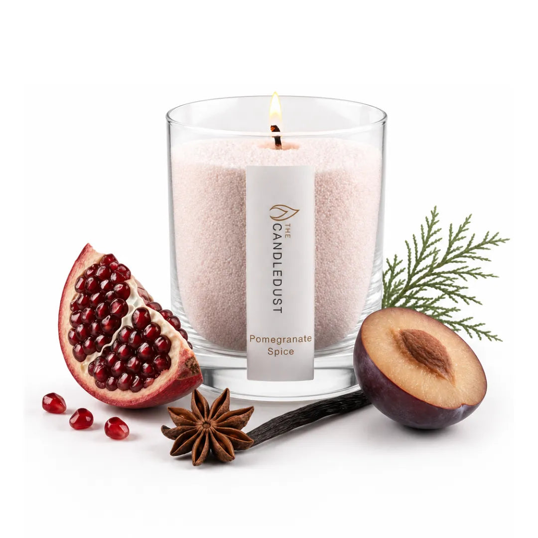 Candledust Pomegranate Spice scented pearled candle in a 160g glass with plum and pomegranate fruits
