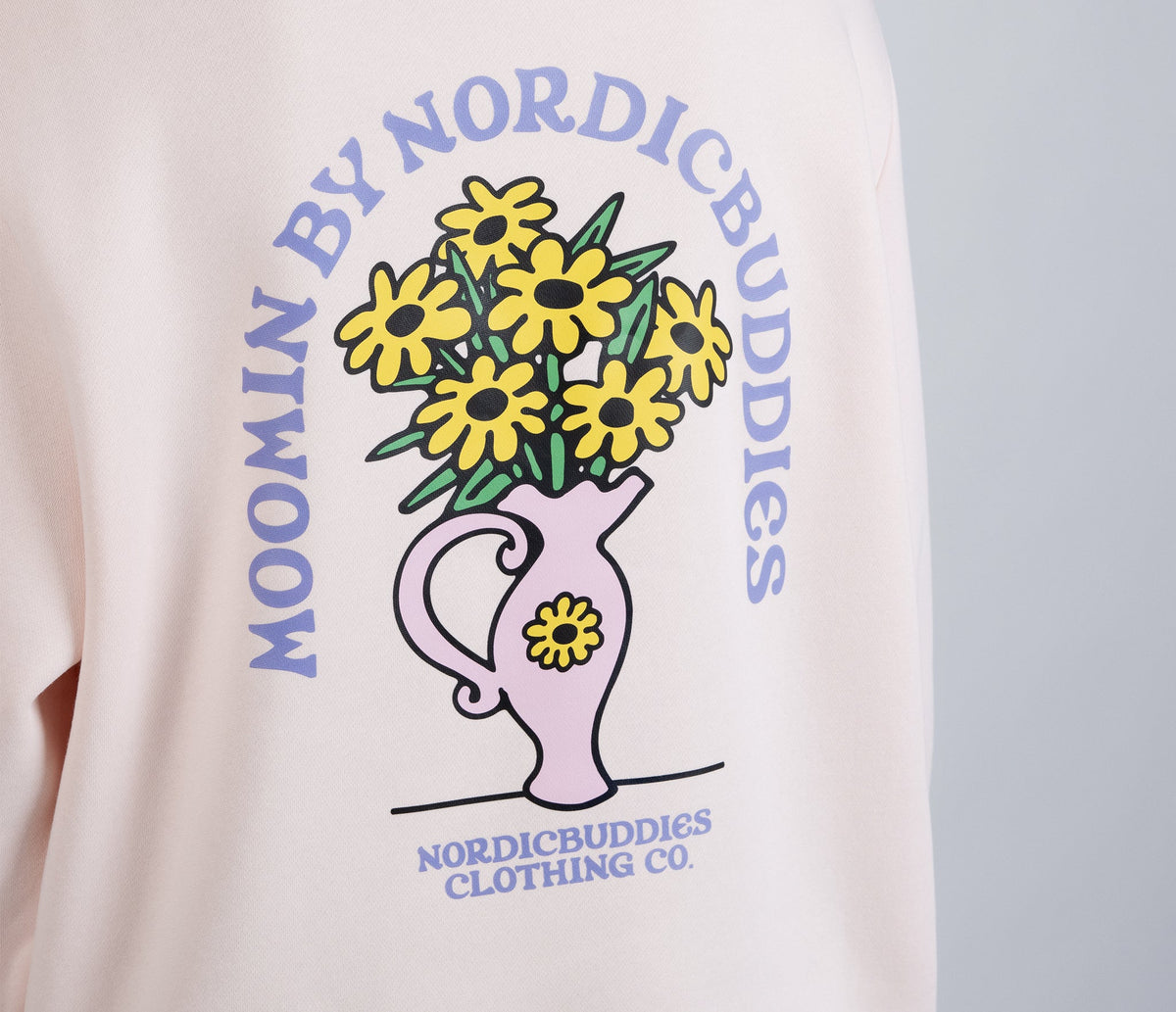 Detail of back of Official Moomin Sniff Flower Bouquet light pink women's hoodie