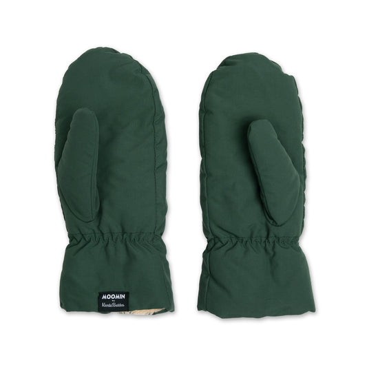 Official Moomin Stinky green adult puffer mittens pair under view