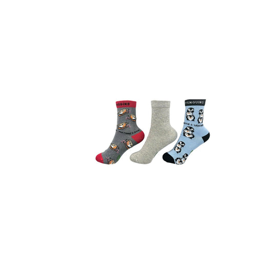 Other view of Nature's Friends 3-pack organic cotton kids socks bundle featuring penguin, robin, and plain styles | Eco Kiddies