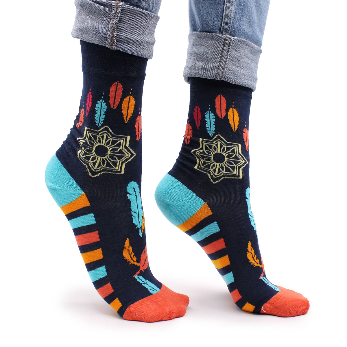 Side view of Hop Hare Dreamcatcher bamboo socks worn barefoot, showcasing the protective feather and web motif on the ankle