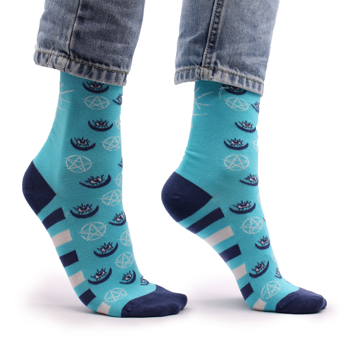 Side view of Hop Hare Pentagram and Evil Eye bamboo socks worn barefoot, showcasing the protective symbol motif on the ankle