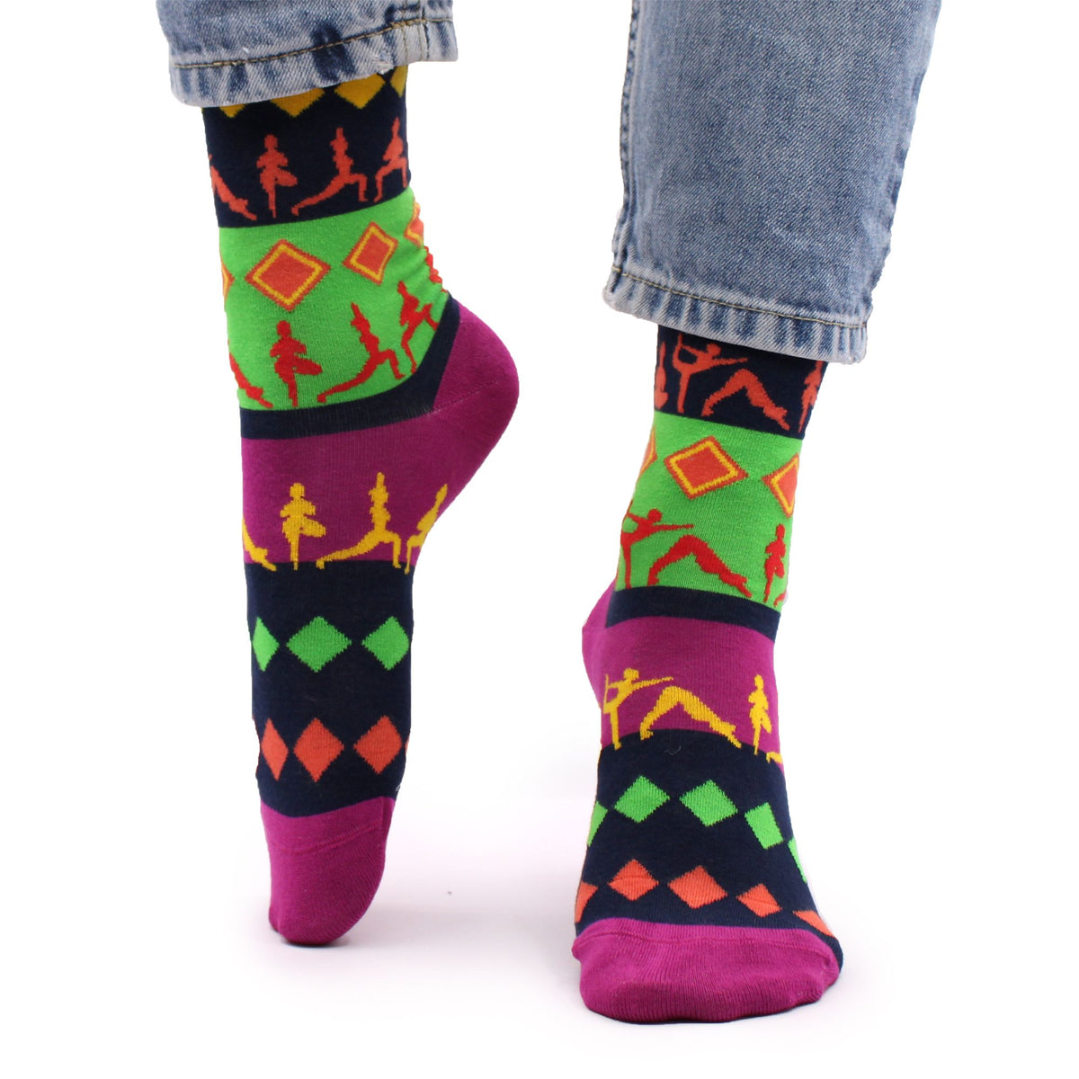 Front and Side view of Hop Hare Yoga Poses bamboo socks worn barefoot, showcasing the serene asana posture motif on the ankle