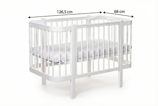 Measures of KOTTO Elin classic white wooden baby crib in a minimalist nursery