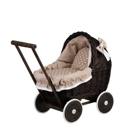 Dark Painted Wicker Doll Pram β Beige Bedding