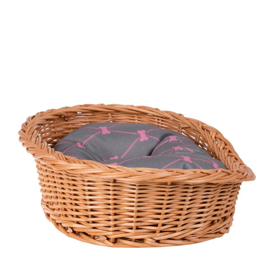 Enovia Natural Wicker Dog Bed With Grey And Pink Cushion, 75x57 cm
