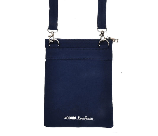 Back view of the navy blue Moomins At The Sea neck passport bag by Nordicbuddies