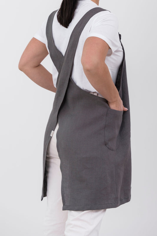 Minimalist Gray Japanese Style Linen Pinafore - Side Profile View \| NUSS |