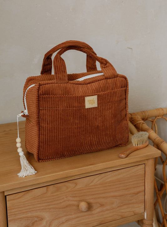 Side View of Moi Mili Large Make-Up Bag Caramel - 100% cotton handmade pouch