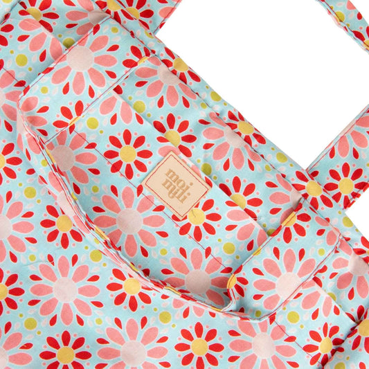 Close-up of the Red Flowers botanical-inspired pattern and stitching