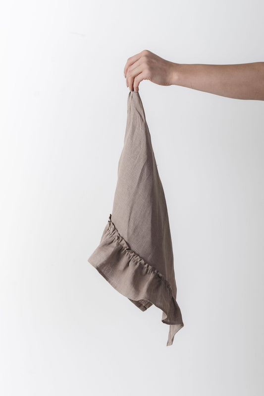 Natural Brown Ruffled European Linen Kitchen Tea Towel \| NUSS |