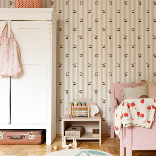 Little Cherries on Beige Stripes Wallpaper