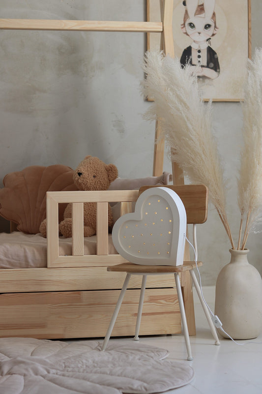 Little Lights Heart Lamp - Handmade wooden heart night light for nursery decor on the chair
