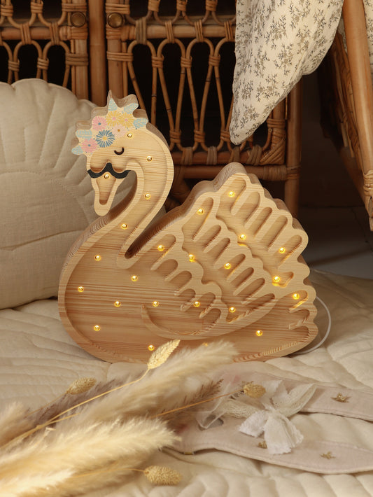 Handmade solid pine wood swan lamp with warm LED lights