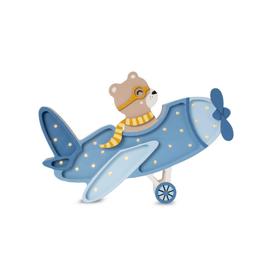 Vintage blue wooden airplane night light for aviation nursery decor