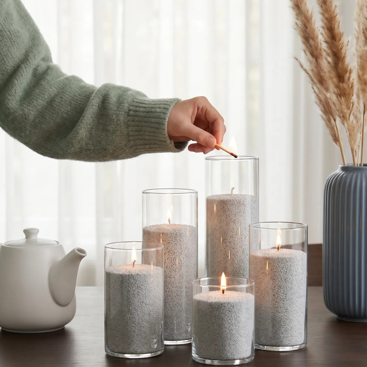 Woman's hand lighting the cotton wick of a Midnight scented pearled sand candle