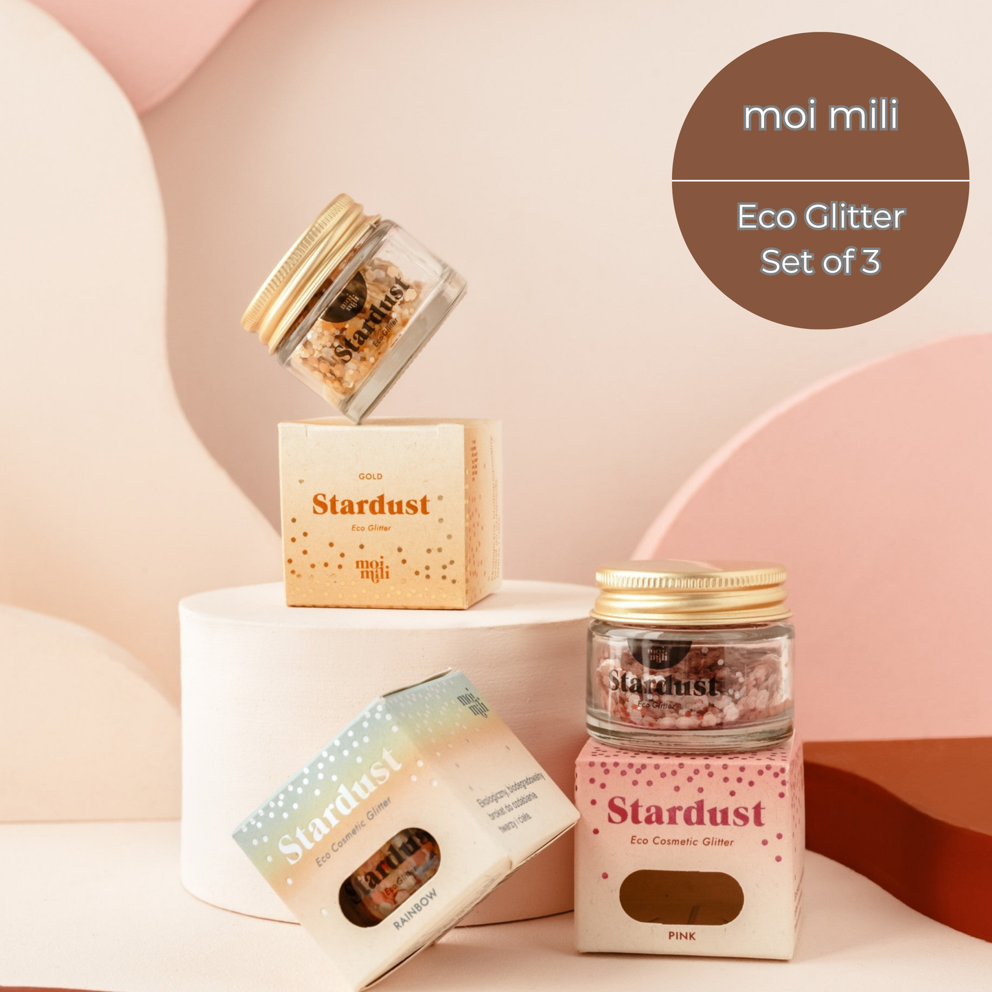Moi Mili Eco Glitter Set of 3 - Biodegradable makeup glitter trio in Gold, Silver, and Rose Gold shades.