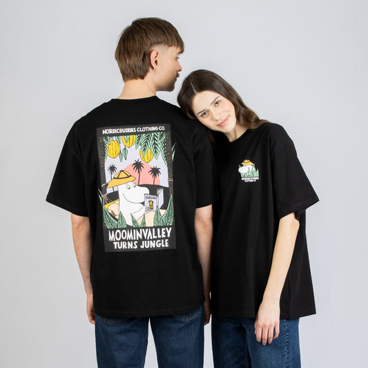 Male and Female models wearing the official Moomin Jungle Heavy Unisex T-Shirt Black.