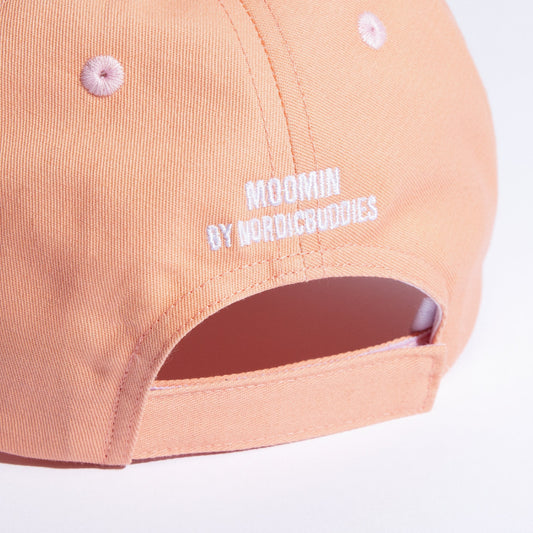 Back view of the peach adjustable kids cap featuring embroidered Snorkmaiden character art by Nordicbuddies