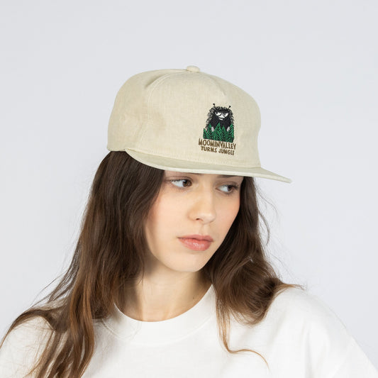 Girl model wearing the denim beige Moomin washed denim adult cap by Nordicbuddies