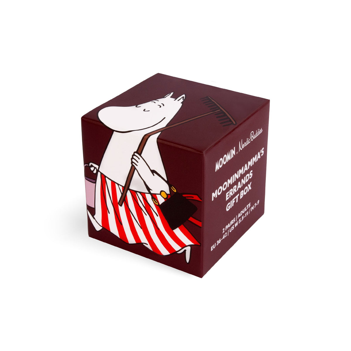 Close-up shot of the illustrated Moominmamma's Errands gift box packaging by Nordicbuddies