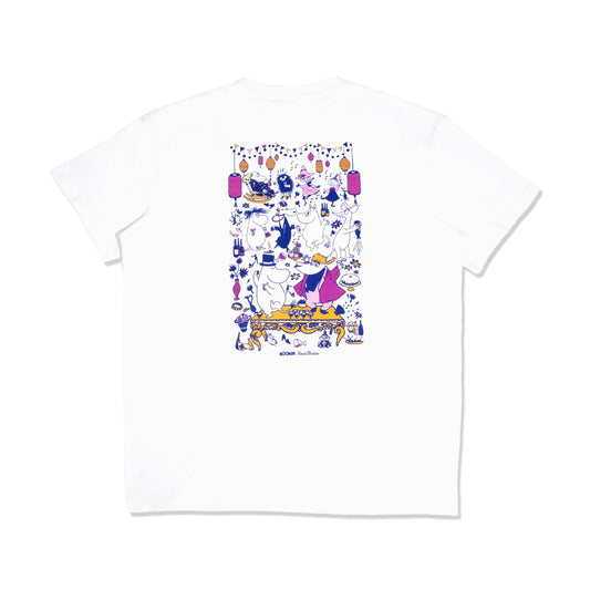 Back print design of the Moomin Party Heavy Unisex T-Shirt White - Festive character illustration.