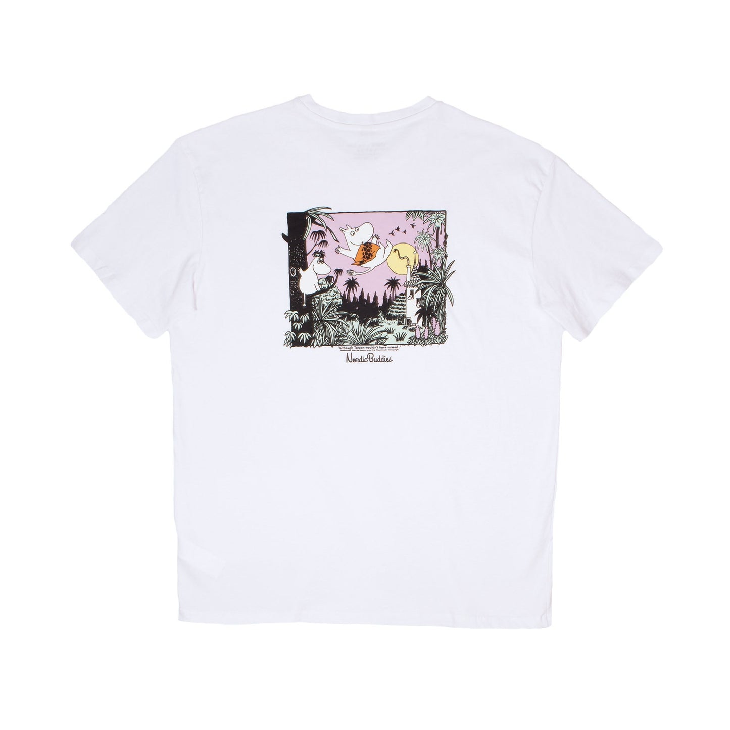 Back print design of the Moomintroll Jungle Heavy Unisex T-Shirt White - Official Moomin jungle artwork.