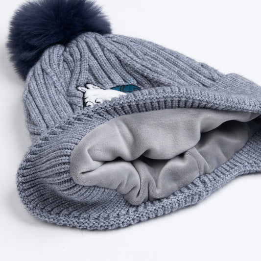 Interior view of the grey Moomintroll winter beanie for kids on a clean background