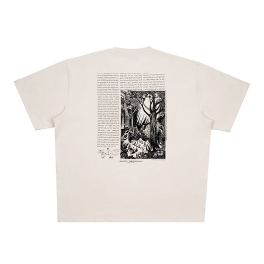 Back print detail of the Moomin Novels Unisex T-Shirt Beige - Classic official Moomin artwork.
