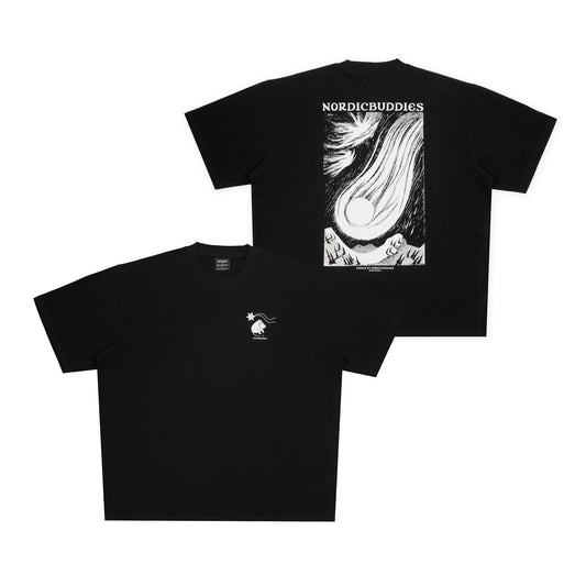 Black t-shirt with graphic design on front and back, featuring the brand 'Nordicbuddies'.