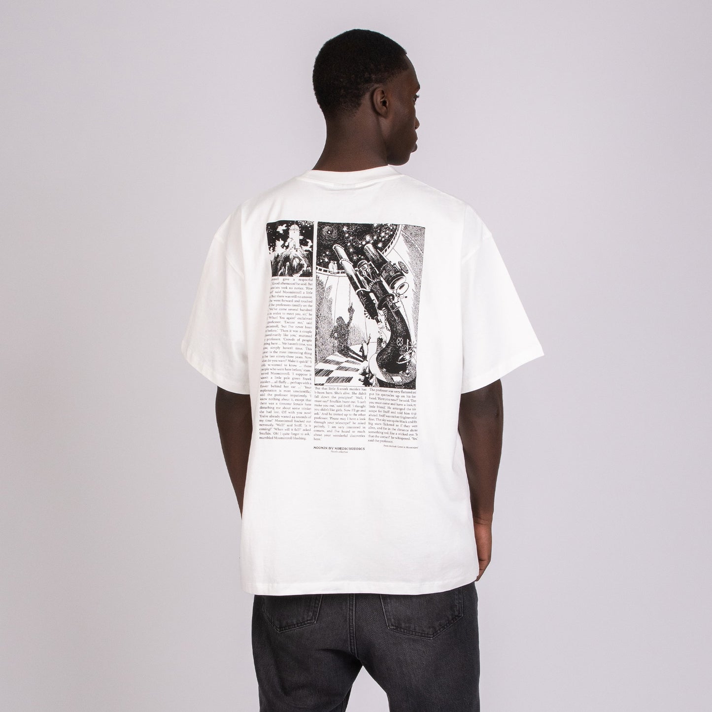 Back print illustration of the Moomin Novels Heavy T-Shirt White - Classic official Moomin artwork wearing by male model