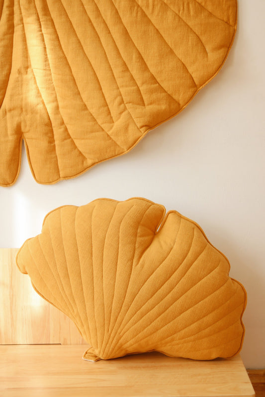 Natural linen and organic cotton fabric texture of the warm Mango yellow playmat