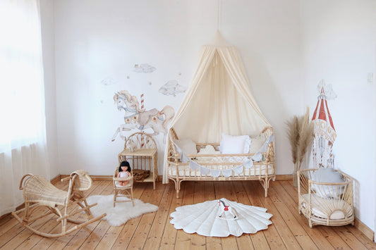 Earth-toned nursery and playroom: a natural Raw Cotton Organic Cotton Canopy hanging over a bed